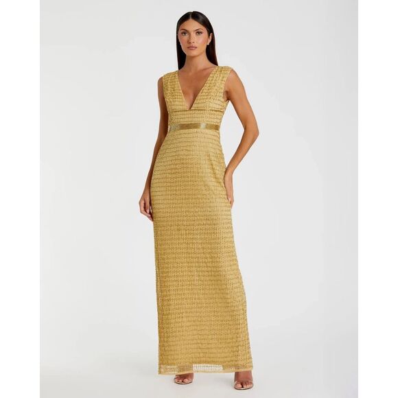 MAC DUGGAL Gold Beaded Cap Sleeve V Neck Column Gown In Gold US 2 $598 - Picture 1 of 10